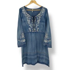 Monoreno Embroidered Blue Denim Style Lightweight Bell sleeve A Line Dress Sz M